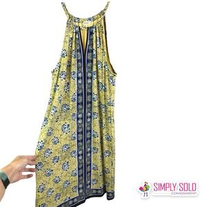 Max Studio Women's Halter Dress Mid-Length‎ Yellow Blue Sleeveless Stretch Sz XS